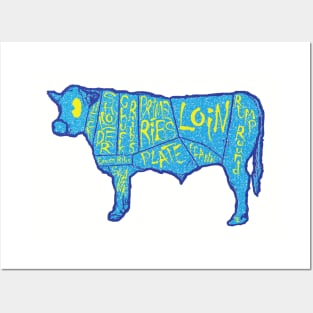 80s 90s Vintage Retro Style Blue Cow Butcher Chart Posters and Art